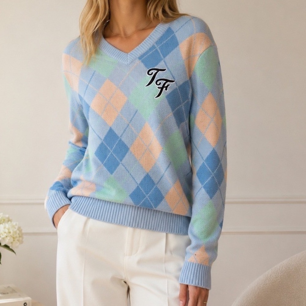 Teddy Fresh Argyle V-Neck Sweater Blue Multi Pastel TF Logo Size Medium Preppy